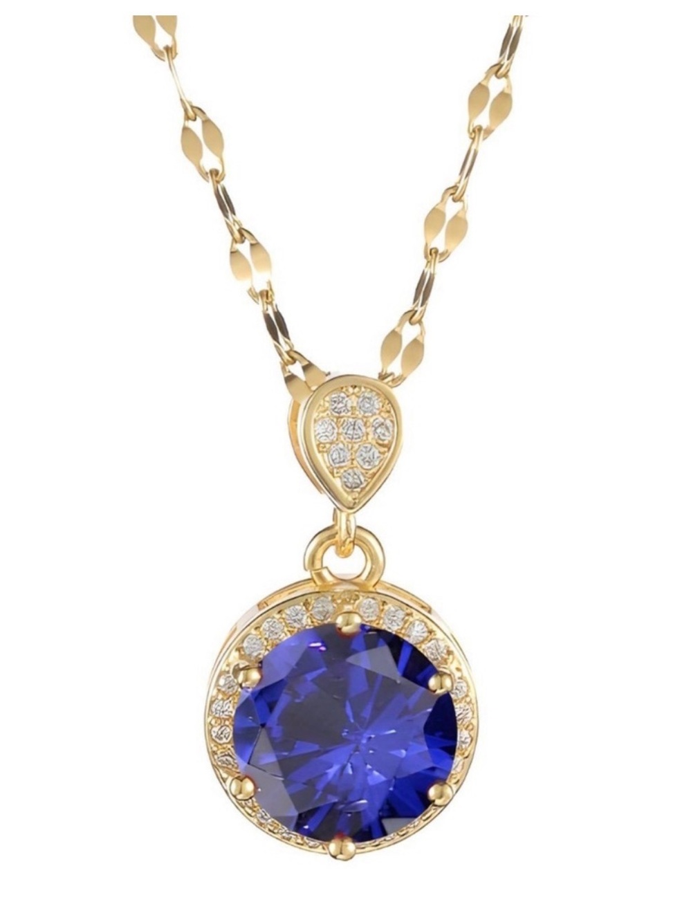 Gold Pendant Necklace with Deep Blue Crystal